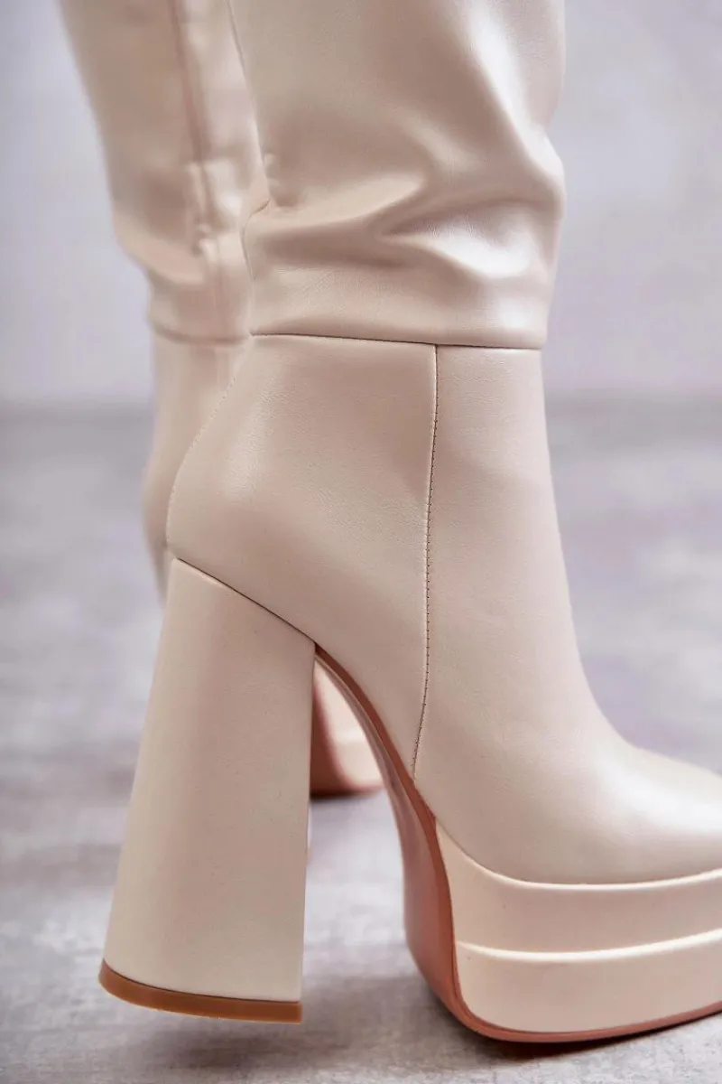Kozaki Wiosenne|Kozaki Przed Kolano>Boto Modne Skórzane Kozaki Na Masywnym Obcasie Beżowe Meggie