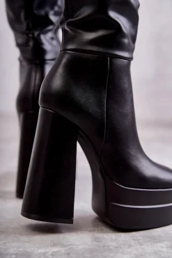 Sale Modne Skórzane Kozaki Na Masywnym Obcasie Czarne Meggie Damskie Kozaki Wiosenne|Kozaki Przed Kolano