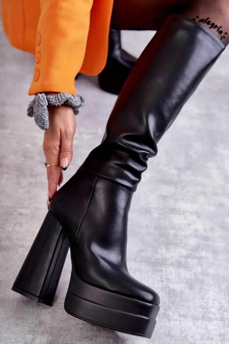 Sale Modne Skórzane Kozaki Na Masywnym Obcasie Czarne Meggie Damskie Kozaki Wiosenne|Kozaki Przed Kolano
