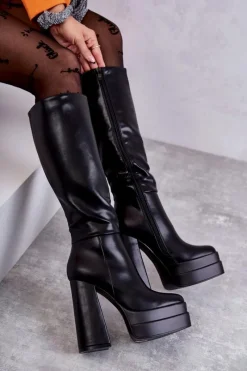 Sale Modne Skórzane Kozaki Na Masywnym Obcasie Czarne Meggie Damskie Kozaki Wiosenne|Kozaki Przed Kolano