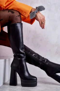 Sale Modne Skórzane Kozaki Na Masywnym Obcasie Czarne Meggie Damskie Kozaki Wiosenne|Kozaki Przed Kolano