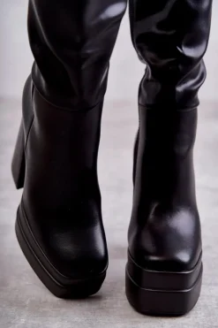 Sale Modne Skórzane Kozaki Na Masywnym Obcasie Czarne Meggie Damskie Kozaki Wiosenne|Kozaki Przed Kolano