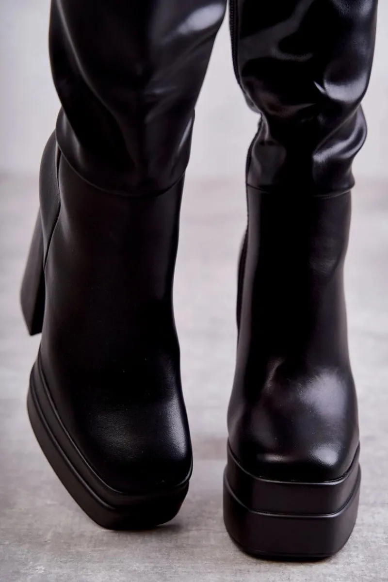 Sale Modne Skórzane Kozaki Na Masywnym Obcasie Czarne Meggie Damskie Kozaki Wiosenne|Kozaki Przed Kolano