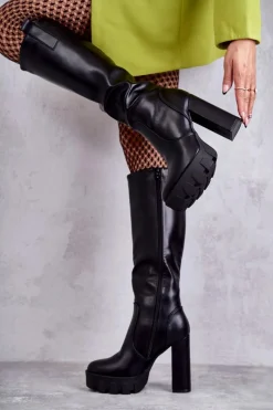 Outlet Boto Modne Skórzane Kozaki Na Platformie Czarne Isabell