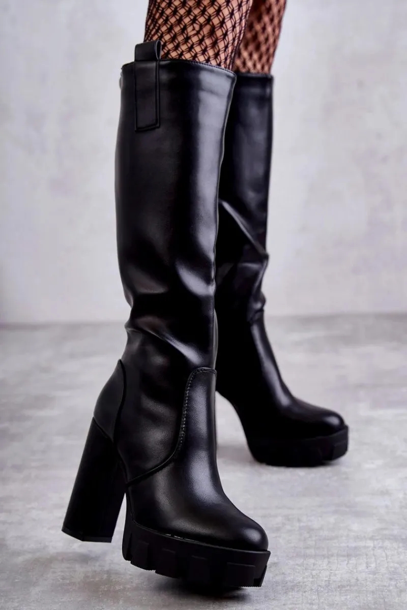 Outlet Boto Modne Skórzane Kozaki Na Platformie Czarne Isabell