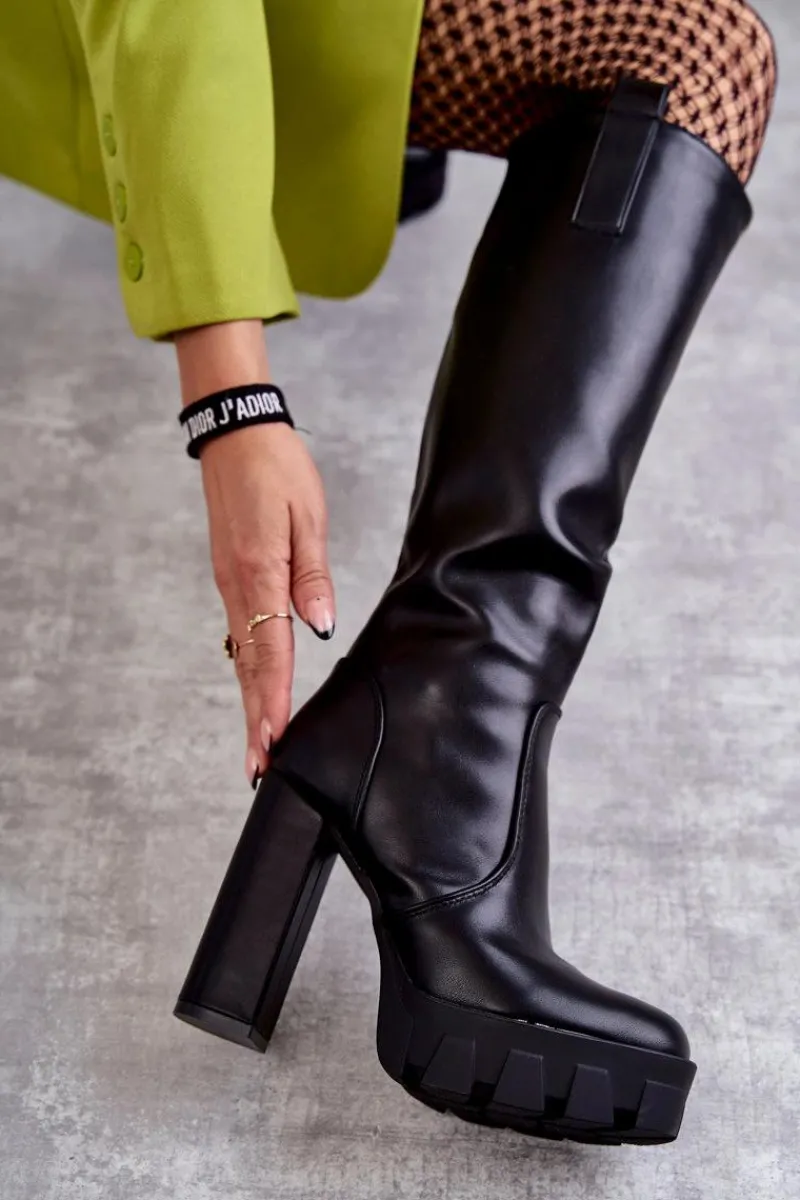 Outlet Boto Modne Skórzane Kozaki Na Platformie Czarne Isabell