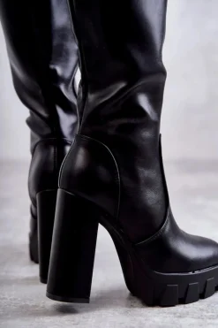 Outlet Boto Modne Skórzane Kozaki Na Platformie Czarne Isabell