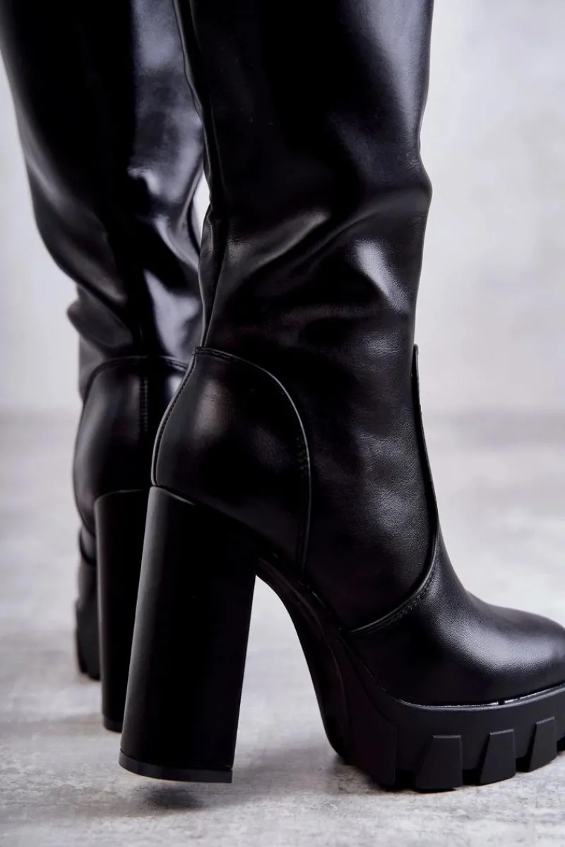 Outlet Boto Modne Skórzane Kozaki Na Platformie Czarne Isabell