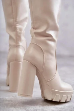 Clearance Modne Skórzane Kozaki Na Platformie Beżowe Isabell Damskie Kozaki Wiosenne|Kozaki Przed Kolano