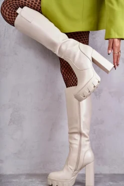 Clearance Modne Skórzane Kozaki Na Platformie Beżowe Isabell Damskie Kozaki Wiosenne|Kozaki Przed Kolano