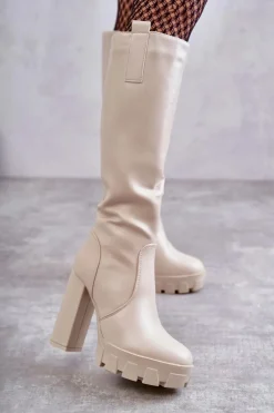 Clearance Modne Skórzane Kozaki Na Platformie Beżowe Isabell Damskie Kozaki Wiosenne|Kozaki Przed Kolano