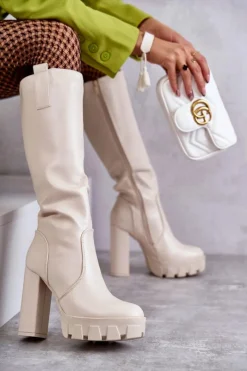 Clearance Modne Skórzane Kozaki Na Platformie Beżowe Isabell Damskie Kozaki Wiosenne|Kozaki Przed Kolano