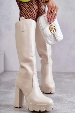 Clearance Modne Skórzane Kozaki Na Platformie Beżowe Isabell Damskie Kozaki Wiosenne|Kozaki Przed Kolano