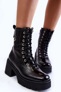 Botki Skórzane|Botki Sznurowane>Boto Modne Skórzane Ocieplane Botki Na Obcasie Czarne Illusion