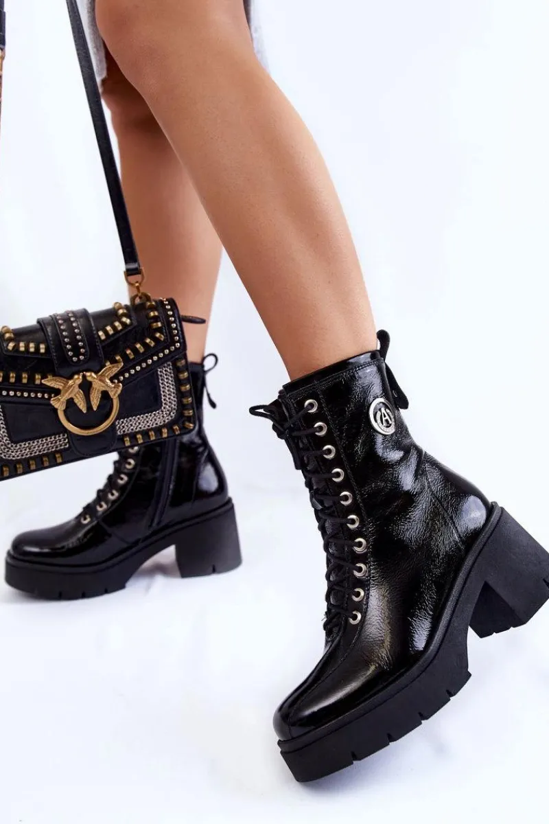 Botki Skórzane|Botki Sznurowane>Boto Modne Skórzane Ocieplane Botki Na Obcasie Czarne Illusion