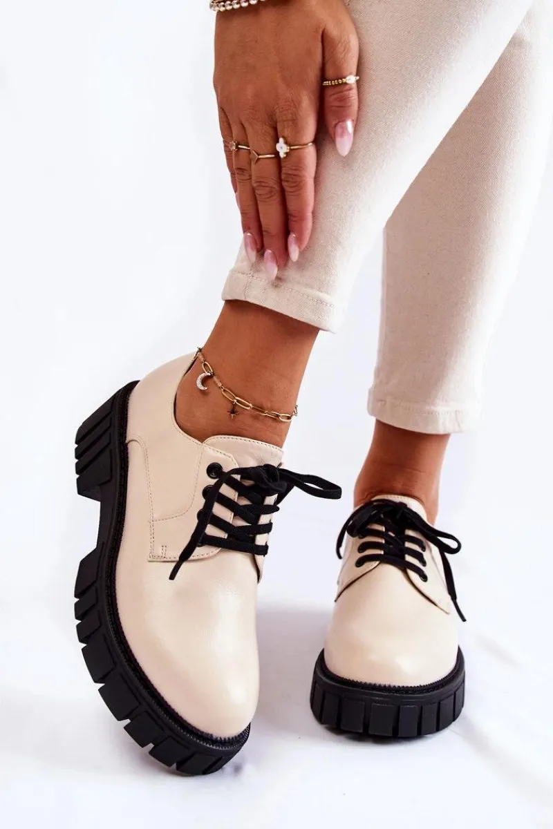 New Modne Skórzane Półbuty La.Fi 210013BE-PU Beżowe Damskie Półbuty Lakierowane