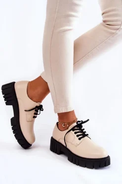 New Modne Skórzane Półbuty La.Fi 210013BE-PU Beżowe Damskie Półbuty Lakierowane