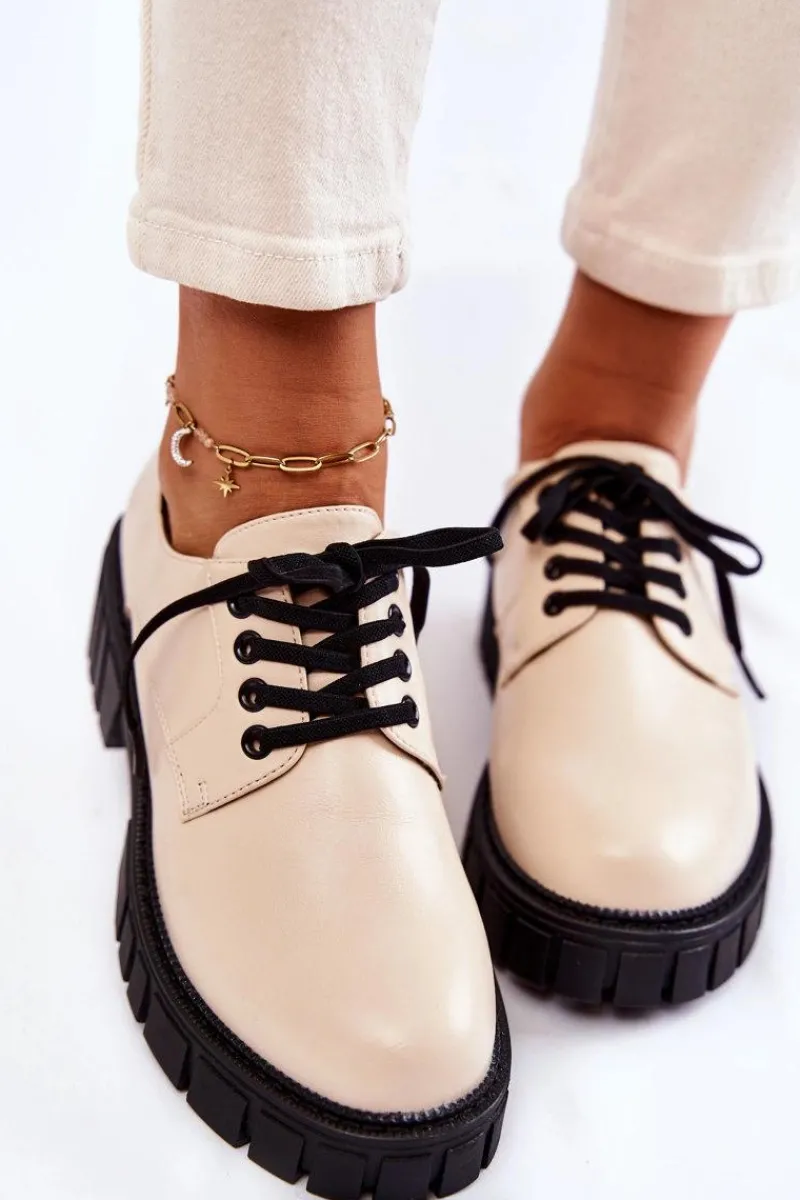 New Modne Skórzane Półbuty La.Fi 210013BE-PU Beżowe Damskie Półbuty Lakierowane