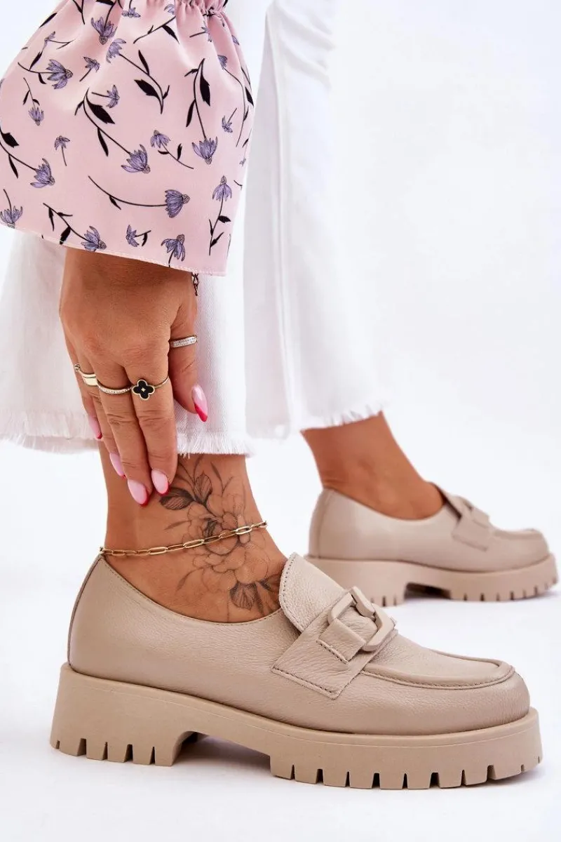 Półbuty Skórzane|Mokasyny Damskie Skórzane>Boto Modne Skórzane Półbuty Loafery Beżowe Lemar Rayhan