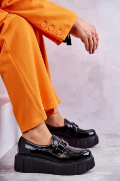 Półbuty Skórzane>Boto Modne Skórzane Półbuty Na Platformie Czarne Marsol