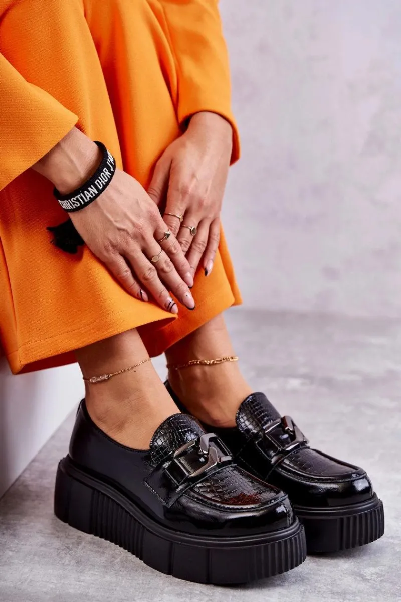 Półbuty Skórzane>Boto Modne Skórzane Półbuty Na Platformie Czarne Marsol