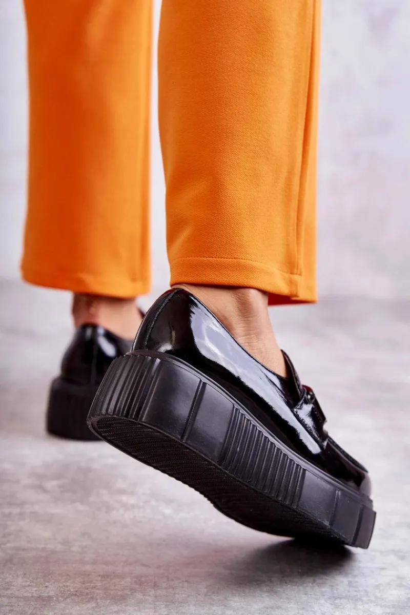 Półbuty Skórzane>Boto Modne Skórzane Półbuty Na Platformie Czarne Marsol