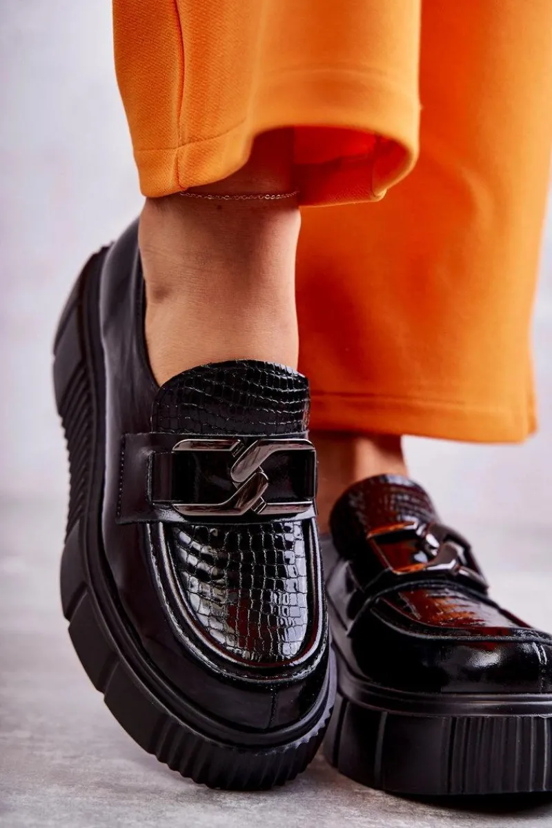 Półbuty Skórzane>Boto Modne Skórzane Półbuty Na Platformie Czarne Marsol