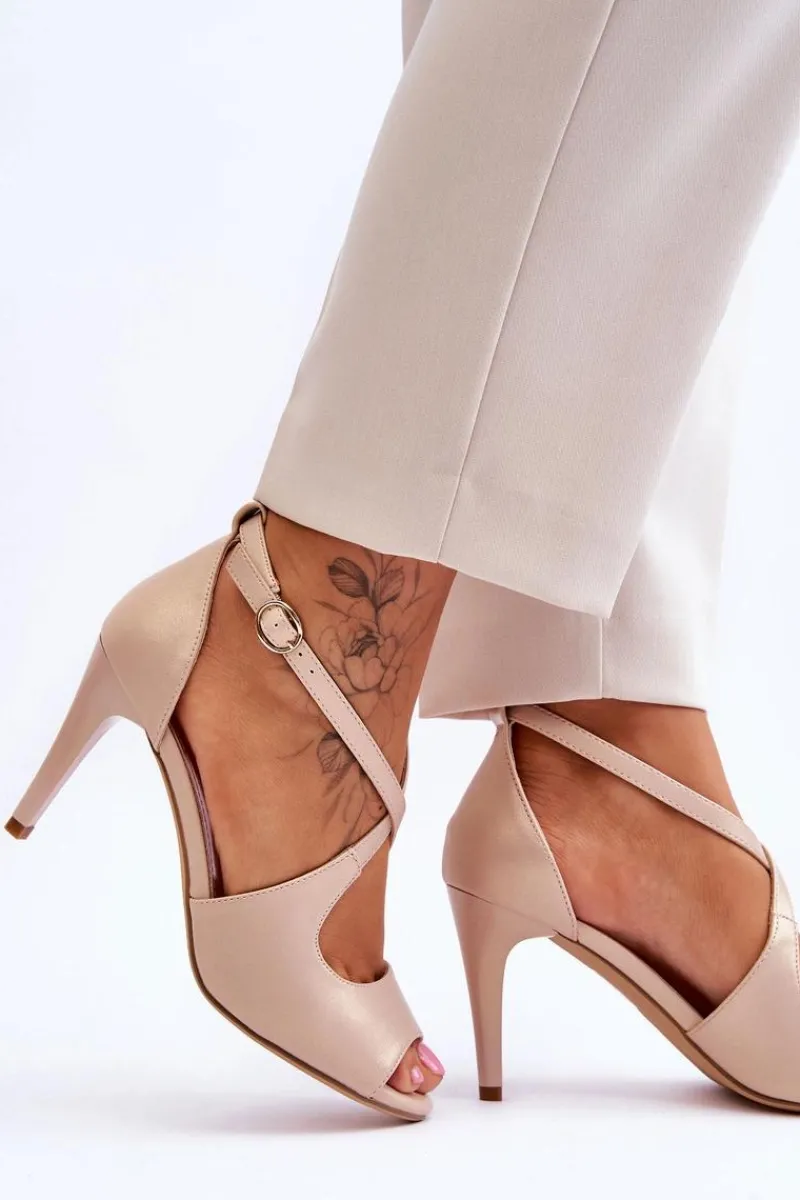 Buty Sergio Leone Modne Skórzane Sandałki Na Szpilce Sergio Leone SK429 Perłowe Beżowe