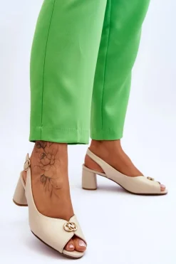 Best Modne Skórzane Sandały Na Obcasie Beżowe Hette Damskie Sandały Na Obcasie