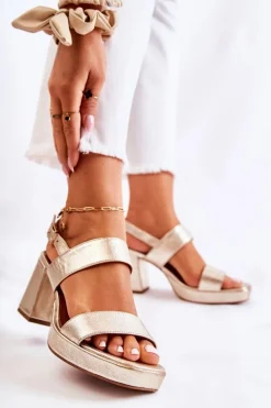 Best Maciejka Modne Skórzane Sandały Na Obcasie 05522-25 Złote