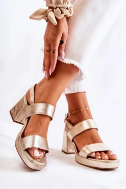 Best Maciejka Modne Skórzane Sandały Na Obcasie 05522-25 Złote