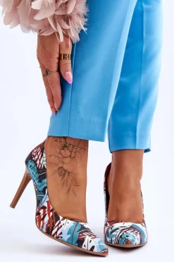 Modne Skórzane Szpilki Lewski Shoes 2659 Zielono-Niebieskie Damskie Czółenka Klasyczne