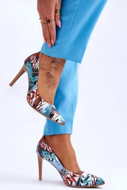 Modne Skórzane Szpilki Lewski Shoes 2659 Zielono-Niebieskie Damskie Czółenka Klasyczne