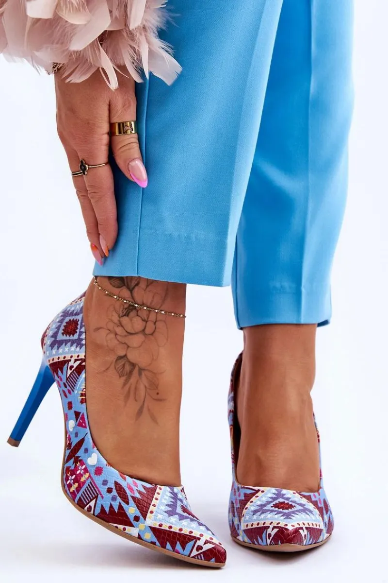 Best Modne Skórzane Szpilki Lewski Shoes 2659 Niebiesko-Czerwone Damskie Czółenka Klasyczne