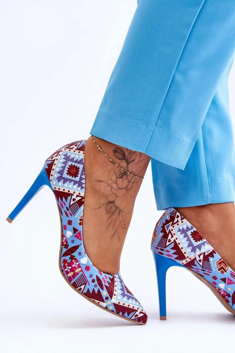 Best Modne Skórzane Szpilki Lewski Shoes 2659 Niebiesko-Czerwone Damskie Czółenka Klasyczne