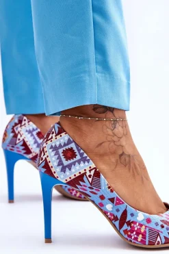Best Modne Skórzane Szpilki Lewski Shoes 2659 Niebiesko-Czerwone Damskie Czółenka Klasyczne