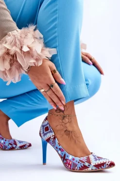 Best Modne Skórzane Szpilki Lewski Shoes 2659 Niebiesko-Czerwone Damskie Czółenka Klasyczne