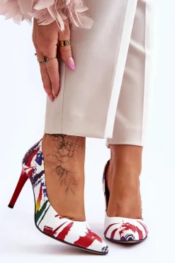 Discount Boto Modne Skórzane Szpilki Lewski Shoes 2659 Biało-Czerwone