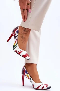 Discount Boto Modne Skórzane Szpilki Lewski Shoes 2659 Biało-Czerwone