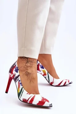 Discount Boto Modne Skórzane Szpilki Lewski Shoes 2659 Biało-Czerwone