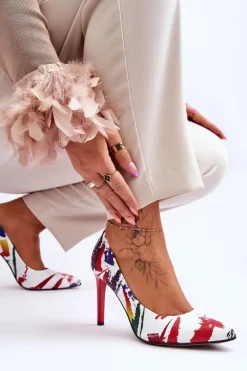 Discount Boto Modne Skórzane Szpilki Lewski Shoes 2659 Biało-Czerwone