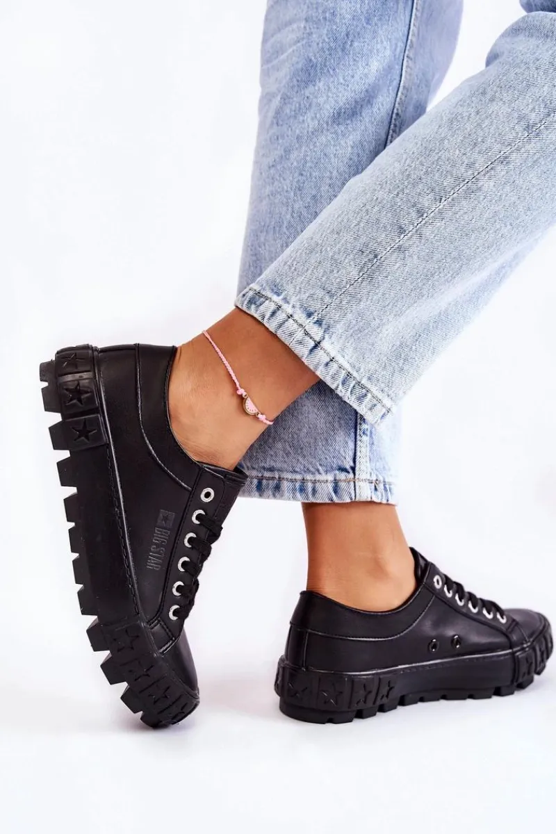 Trampki Damskie Big Star|Trampki Damskie Niskie>Big Star Shoes Modne Skórzane Trampki Big Star KK274143 Czarne