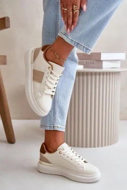 New Modne Sneakersy Damskie Na Platformie Z Eko Skóry Brązowe Nevisase Damskie Buty Sportowe Na Platformie|Sneakersy Damskie