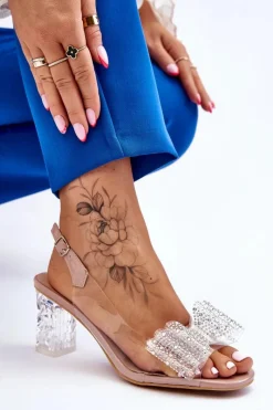 New Modne Transparentne Sandały Z Kokardą Nude Ariella Damskie Sandały Na Obcasie