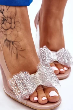 New Modne Transparentne Sandały Z Kokardą Nude Ariella Damskie Sandały Na Obcasie