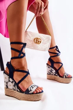 New Modne Wiązane Sandały Na Koturnie Granatowe Recife Damskie Sandały Na Koturnie