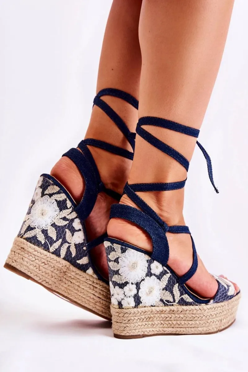 New Modne Wiązane Sandały Na Koturnie Granatowe Recife Damskie Sandały Na Koturnie