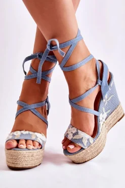 Hot Boto Modne Wiązane Sandały Na Koturnie Niebieskie Recife