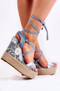 Hot Boto Modne Wiązane Sandały Na Koturnie Niebieskie Recife