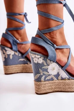 Hot Boto Modne Wiązane Sandały Na Koturnie Niebieskie Recife